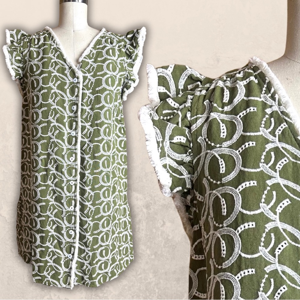 ❗️ Voy olive green eyelet short sleeve cotton blend summer dress size large